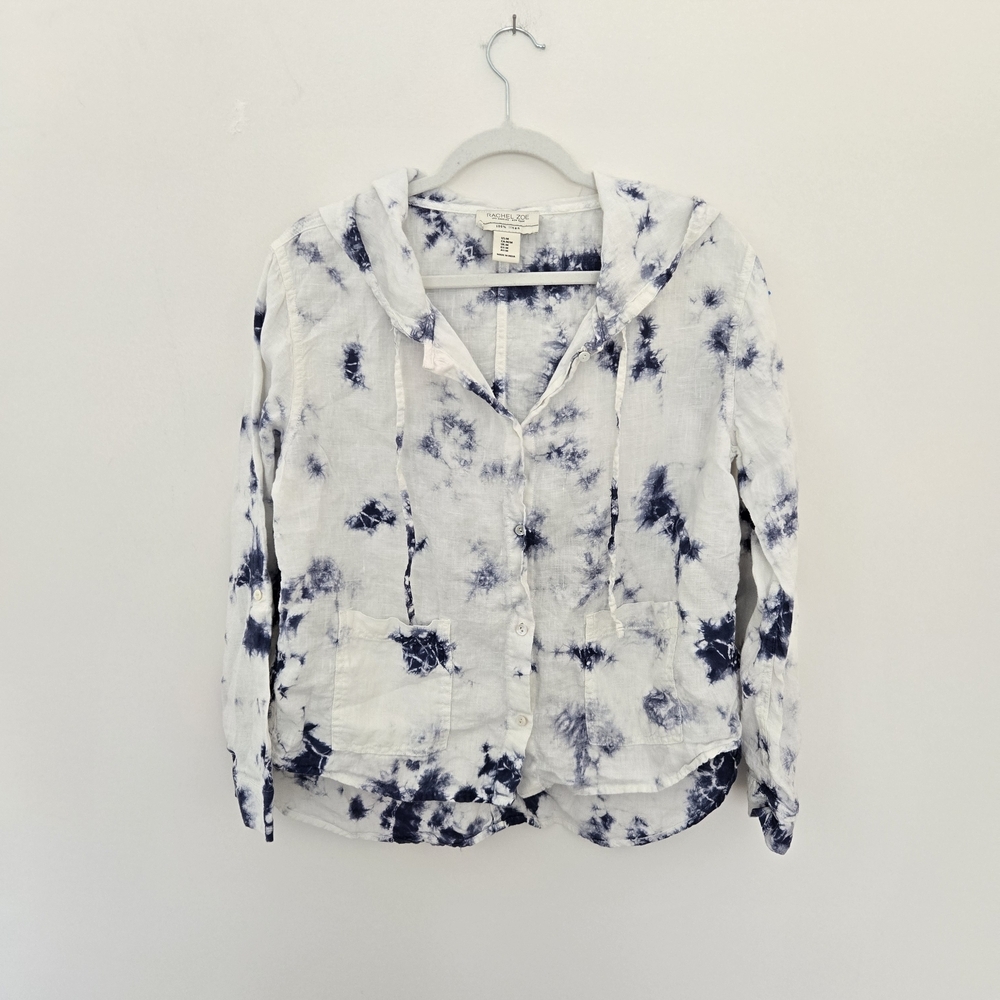 Rachel Zoe White and Blue Linen Tie-Dye Button Lightweight hooded jacket M